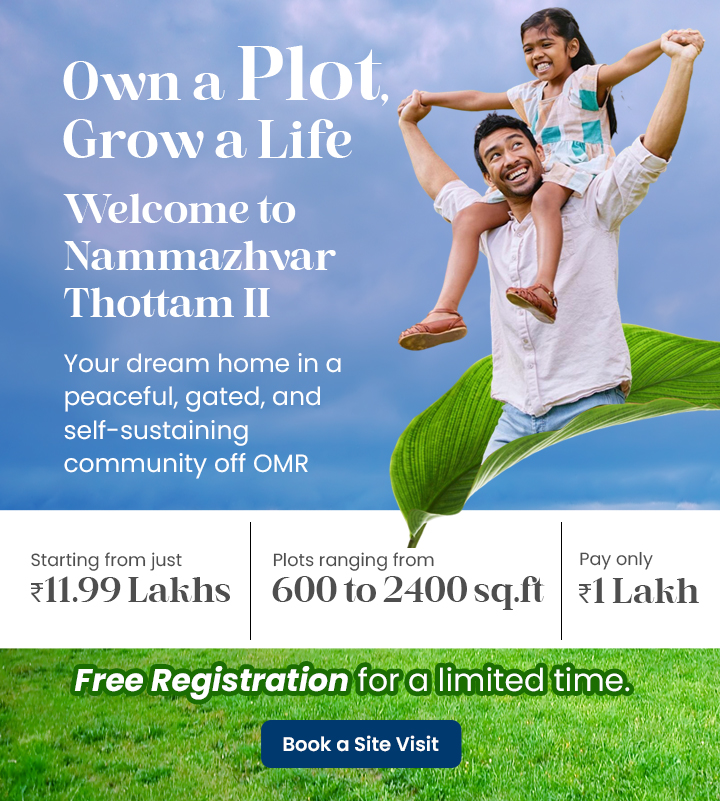 Nammazhvar Thottam II launch banner, father carrying daughter, residential plot promotion, starting from ₹11.99L