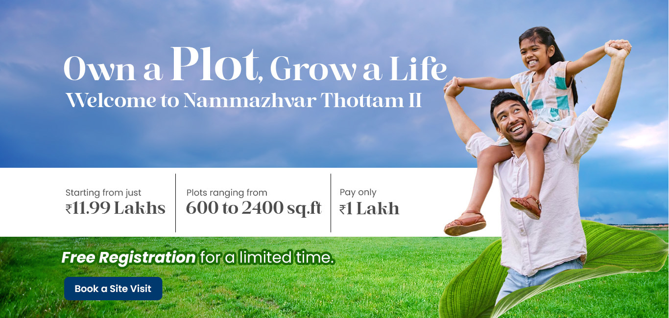 Nammazhvar Thottam II launch banner, father carrying daughter, residential plot promotion, starting from ₹11.99L